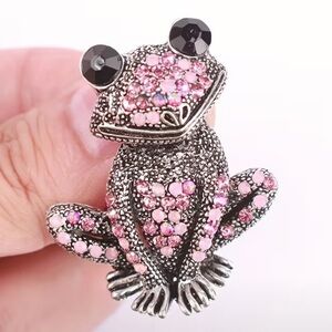 Silver/Pink Rhinestones Frog Brooch